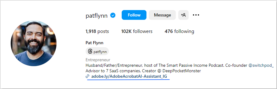 Cloaked link of affiliate marketer Patt Flynn in Instagram bio