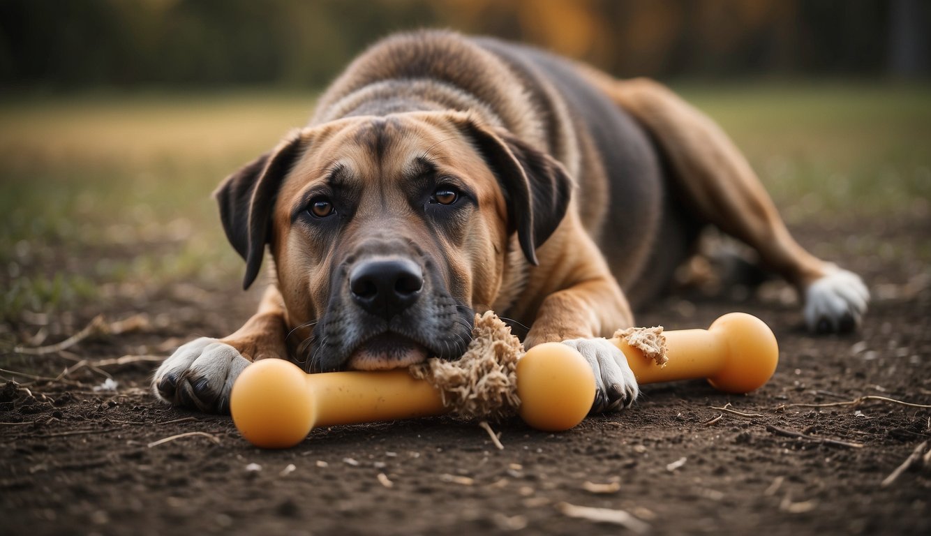 A large, powerful dog gnaws on a durable bone, surrounded by scattered chew toys. The bone shows no signs of wear, indicating its suitability for aggressive chewers