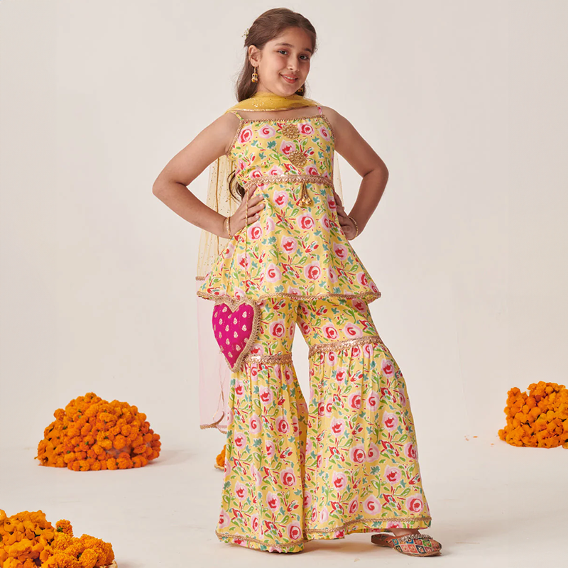 Floral Printed Yellow Sharara Set