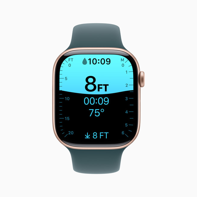 The new Apple Watch showing dive depth and water temperature