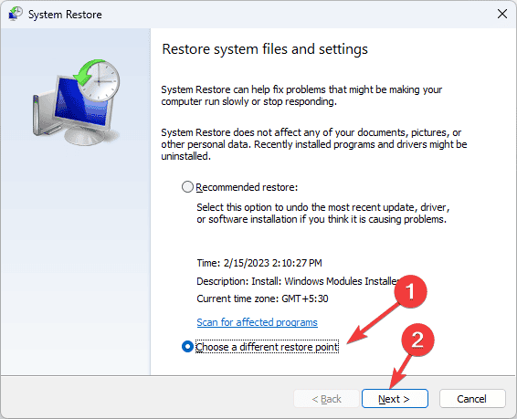 Next Choose a different restore point