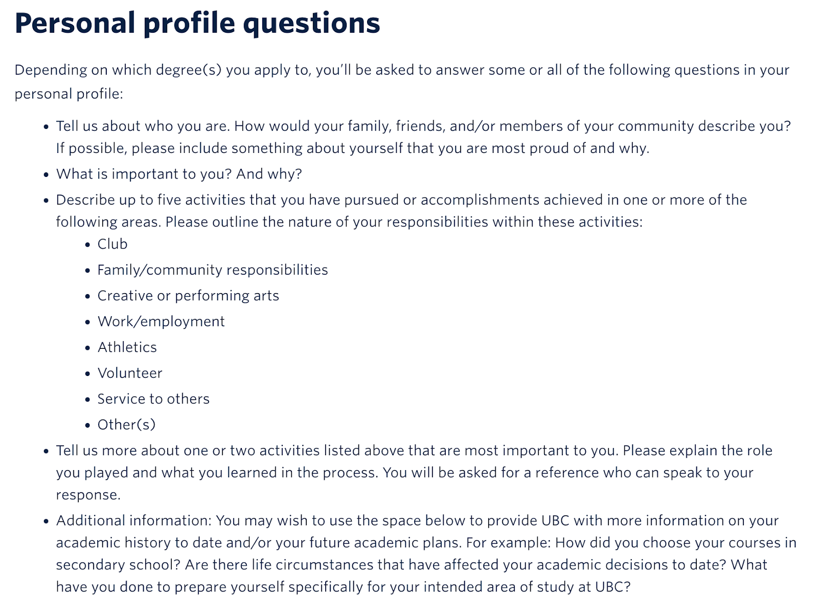 UBC Personal Profile Questions