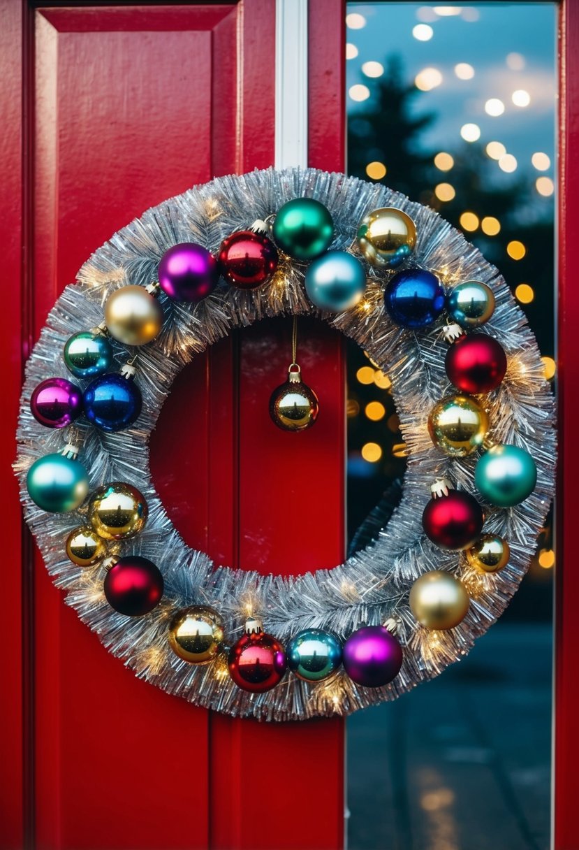 A retro tinsel wreath hangs on a red door, adorned with colorful ornaments and twinkling lights