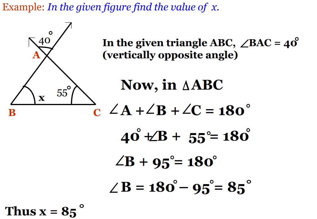 A visual representation of an example of exterior angle property from class 7th math chapter 6- Triangles and its properties. 