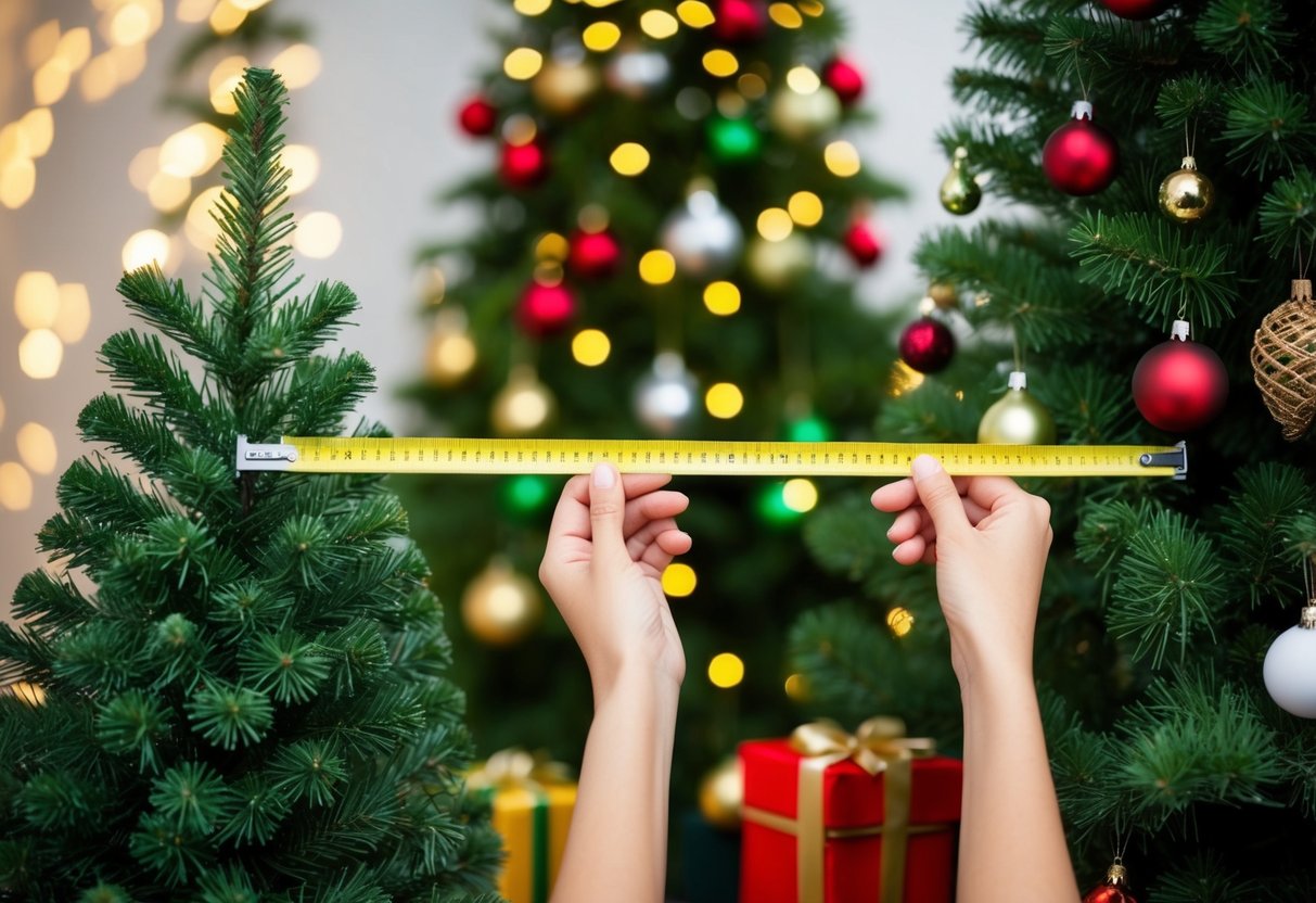 A person measuring a variety of Christmas trees with a tape measure and comparing their shapes and sizes