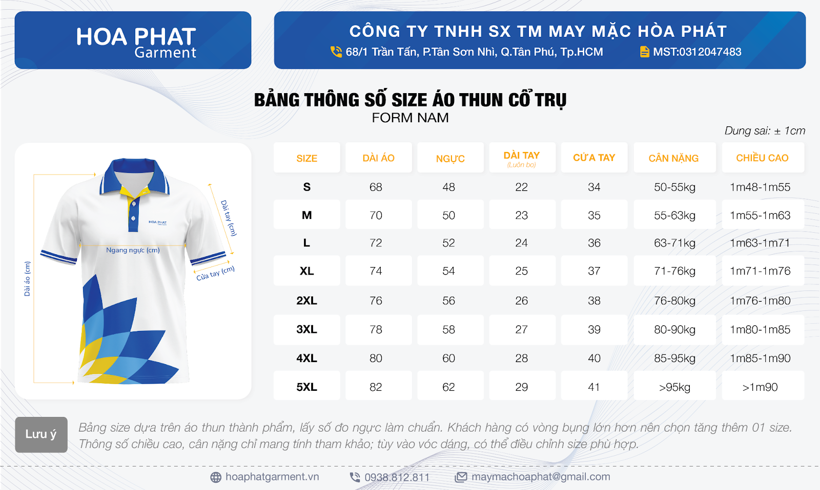 bảng size áo thun cổ trụ nam