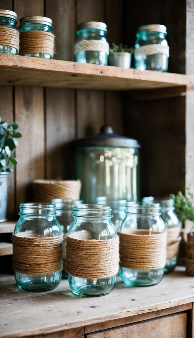 Glass jars wrapped in twine on a barnhouse shelf with other decor items