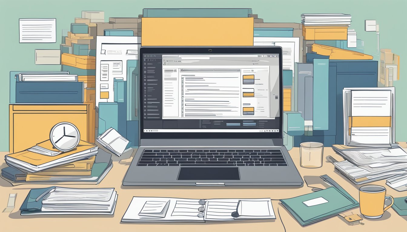 A laptop displaying Amazon's restricted categories and ungating process, surrounded by relevant documents and a determined individual researching solutions