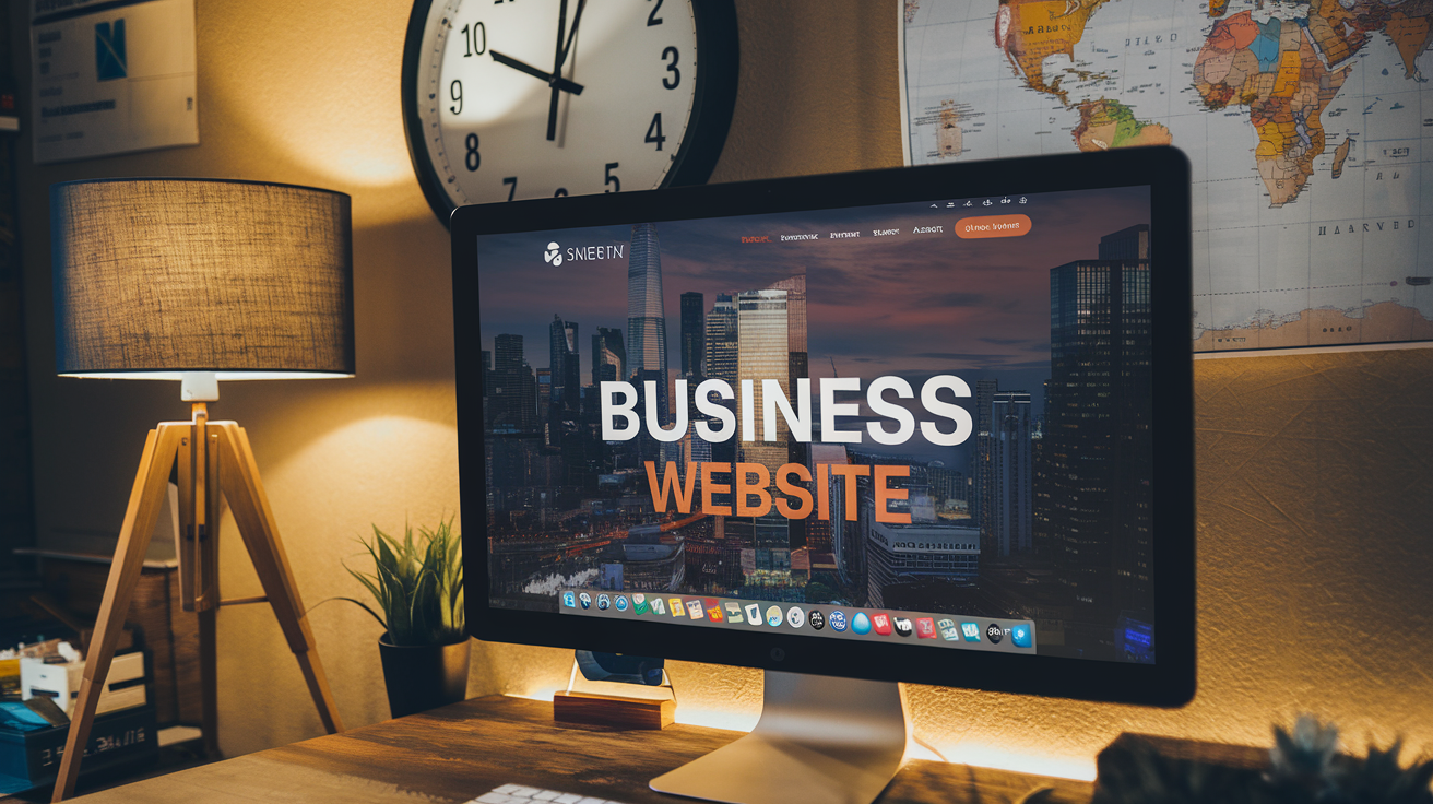 Create a realistic image of a glowing computer screen displaying a business website, with a clock showing 3:00 AM in the background, and a world map with time zones visible on the wall, emphasizing the concept of round-the-clock online presence for businesses.