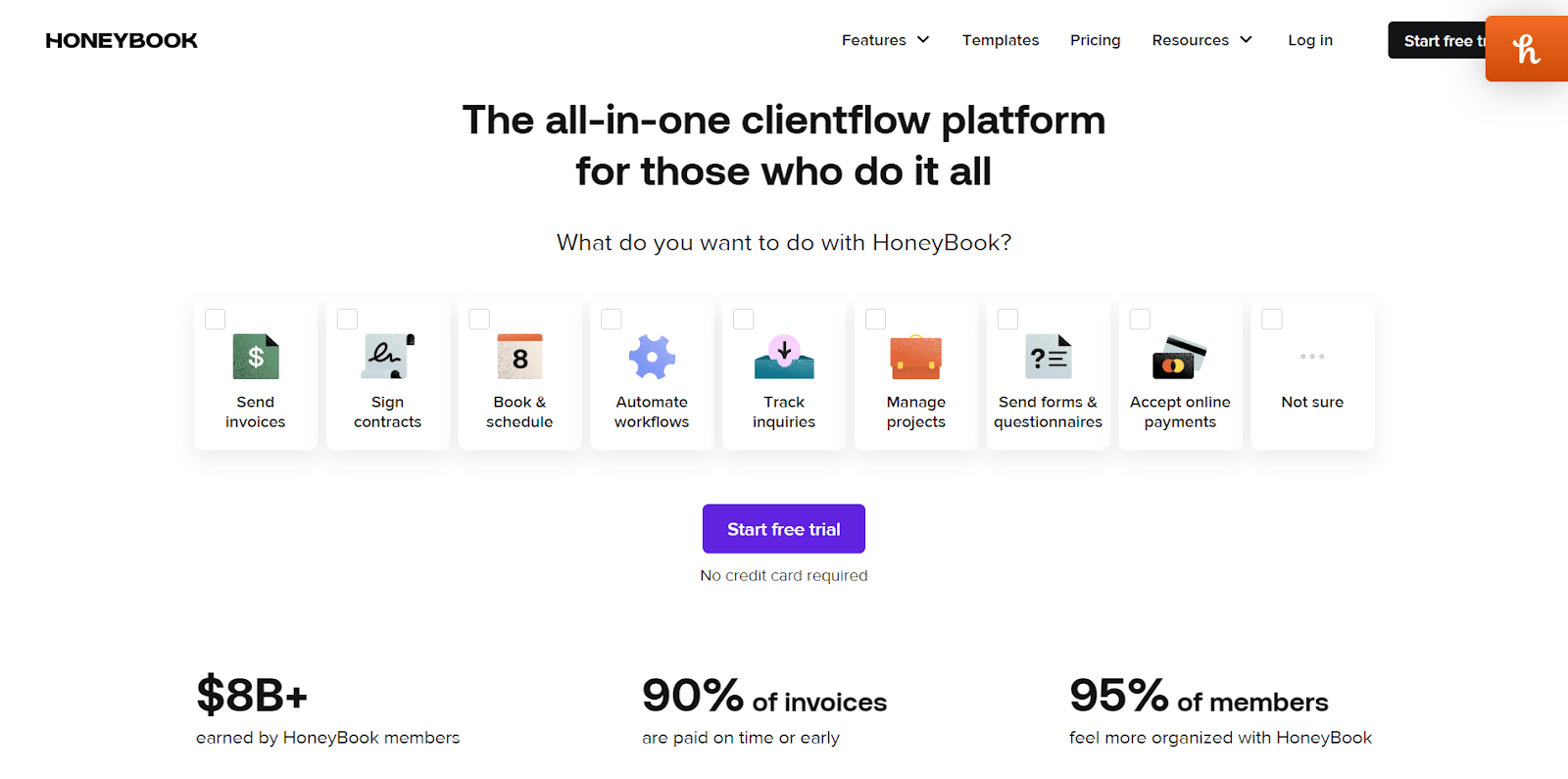 HoneyBook Home page