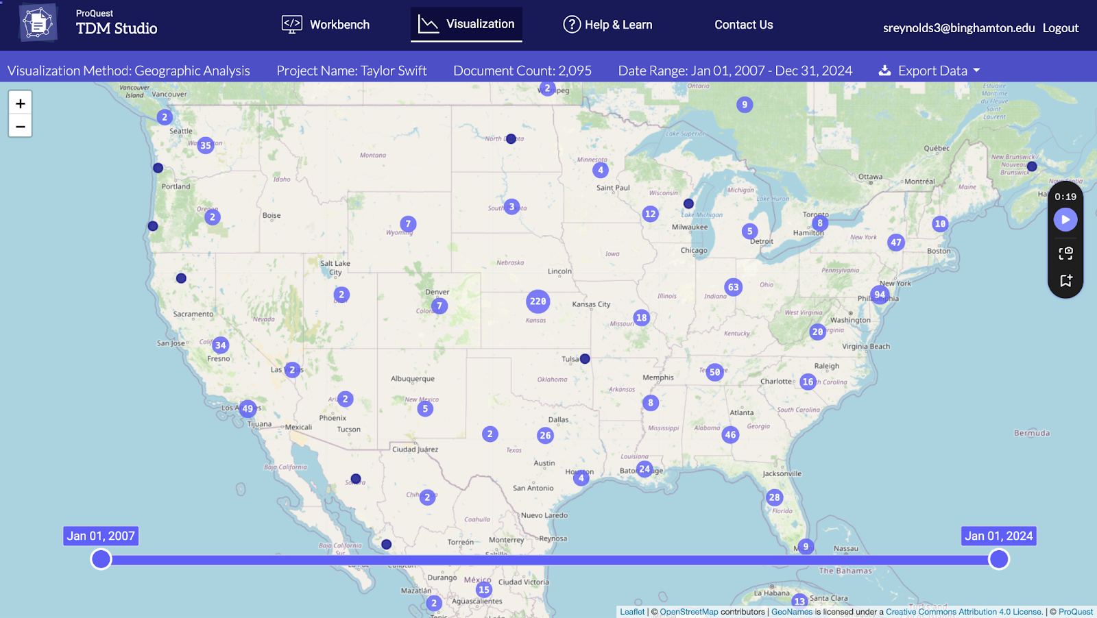 A screenshot of an example of places in the US publishing documents on Taylor Swift from 2007-2024. Image features a map of the united states with various dots with numbers on different states. A large dot with 228 is displayed close to the Nebraska and Kansas border.