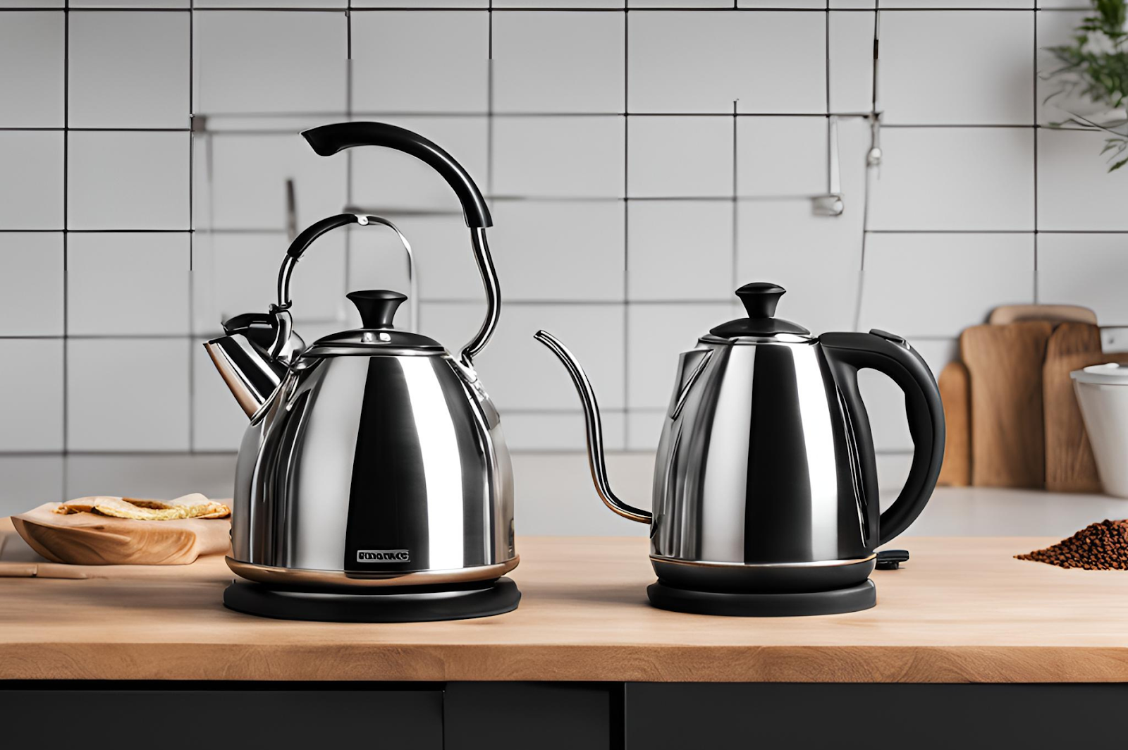 A gooseneck and regular kettles for brewing coffee.