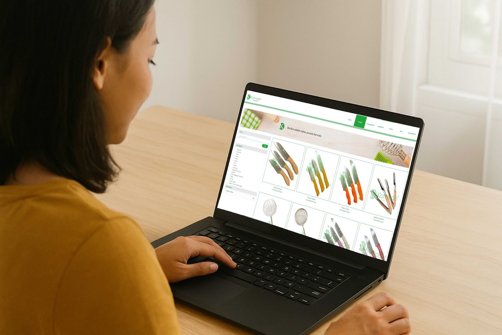 wanita melihat website komodo di laptop