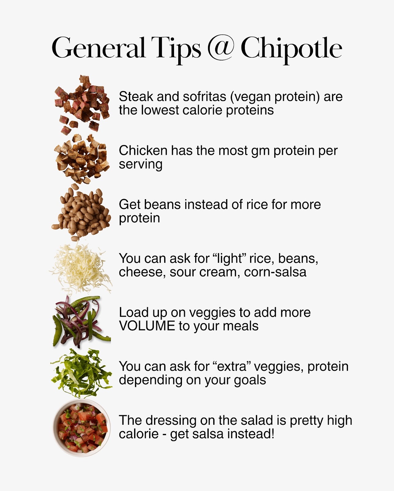 Chipotle protein and veggie swap tips with rice, beans, veggies, salsa, and meats.