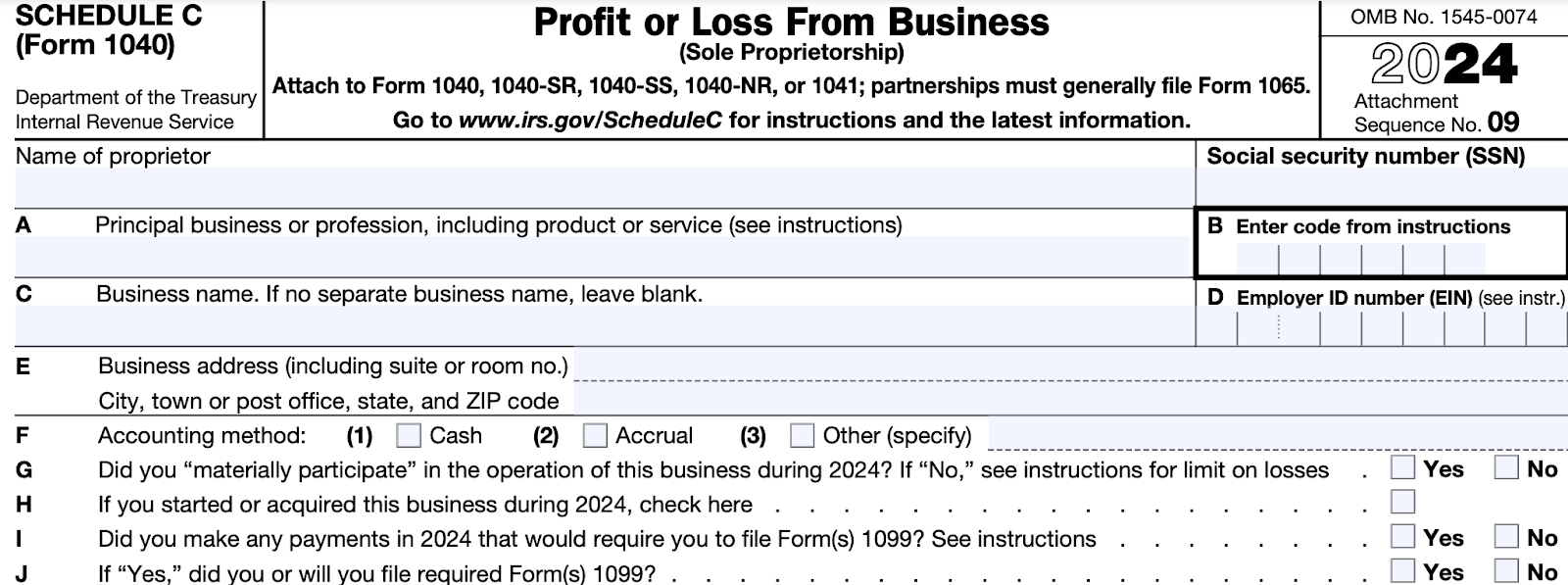 A screenshot of the top of Schedule C (Form 1040): Profit or Loss from Business.