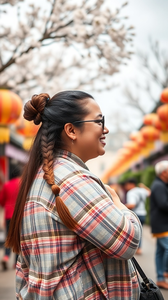 A woman with a half-up ponytail and braided hairstyle standing outdoors.