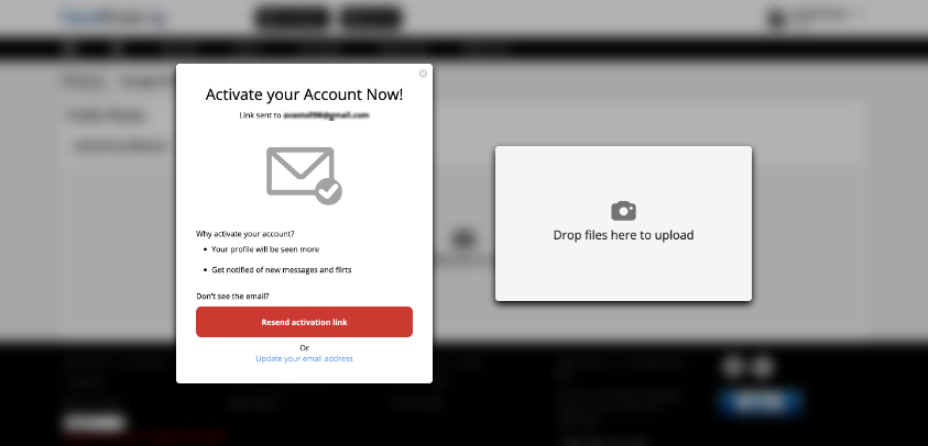FriendFinderX pop up for account activation via email and photo upload.