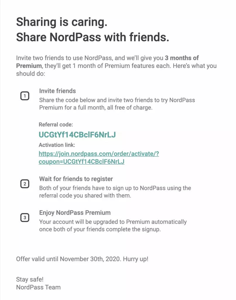 NordPass's customer referral email