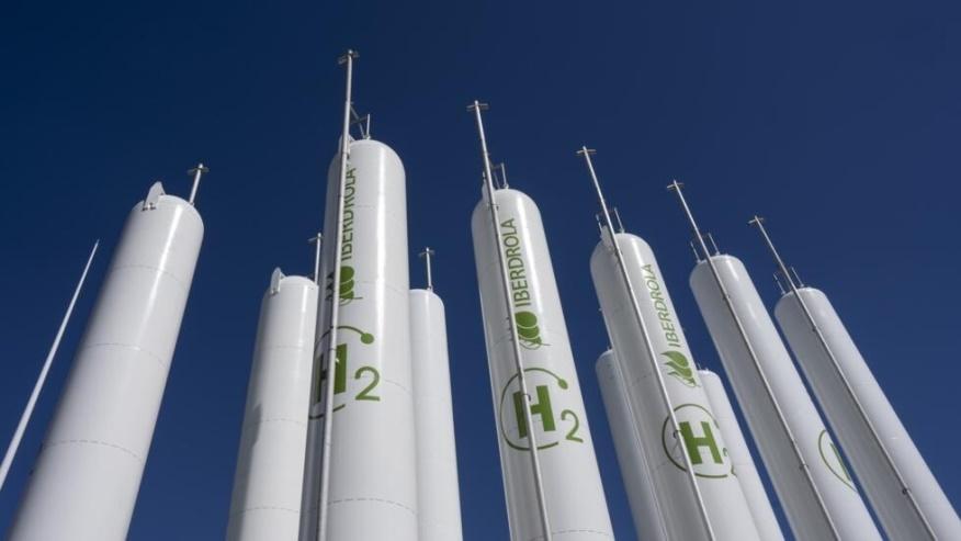 FILE - Hydrogen storage tanks are visible at the Iberdrola green hydrogen plant in Puertollano, central Spain, March 28, 2023. (AP Photo/Bernat Armangue, File)