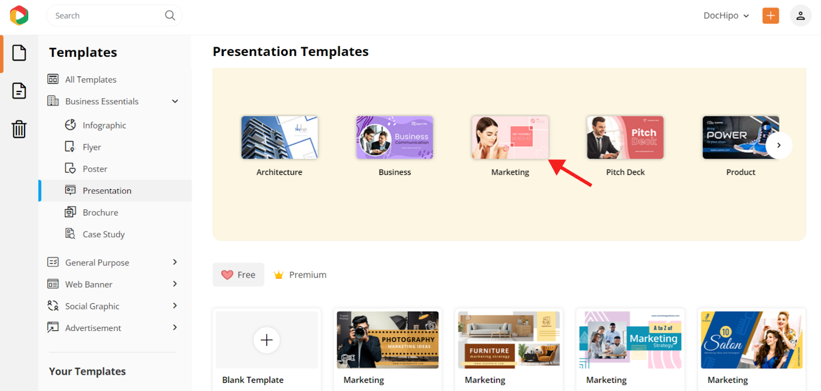 DocHipo marketing presentation template categories