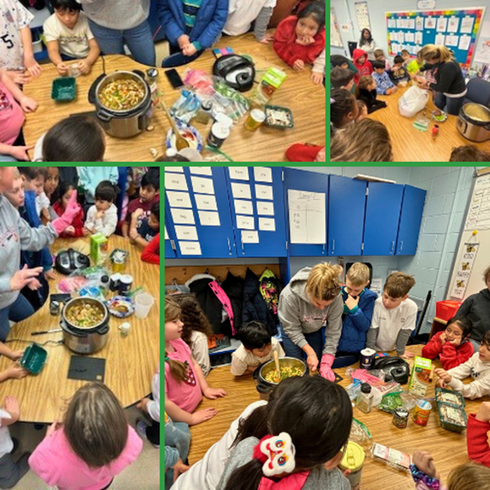 Collage of photos of students at Cunningham Park Elementary School cooking "stone soup" as part of a reading unit. 