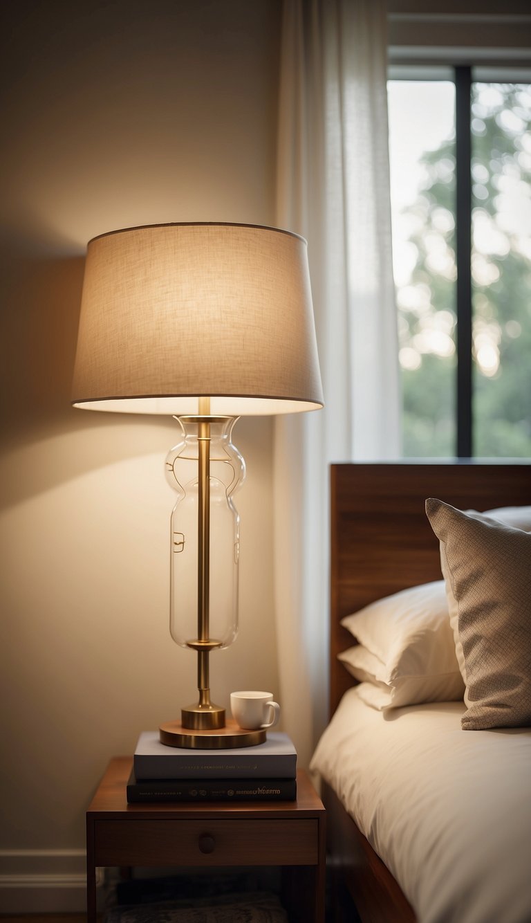 A creamy white lampshade illuminates a serene, neutral bedroom, casting a soft, warm glow over the tranquil space