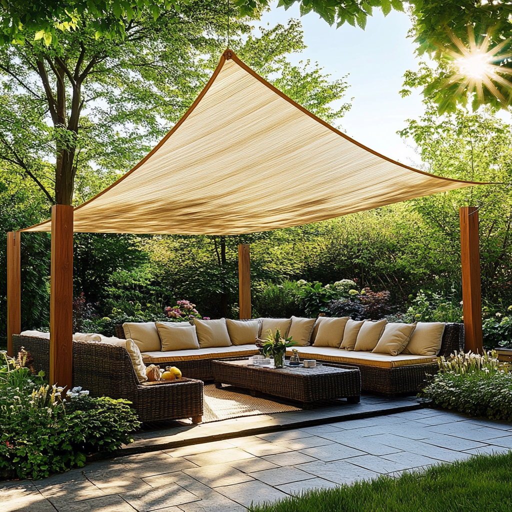 An image of sofas under a shade sail. 