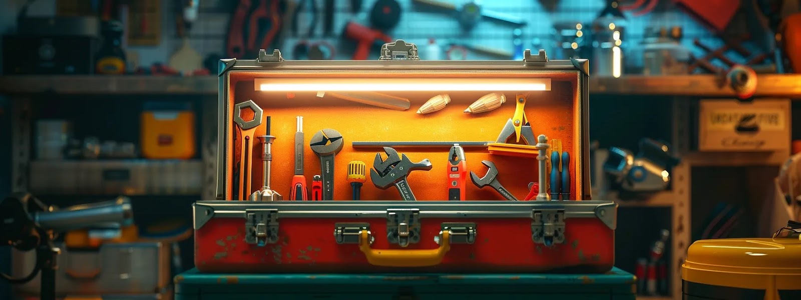 a vibrant toolbox sits open, filled with various tools and pipes, ready for a diy plumbing project.