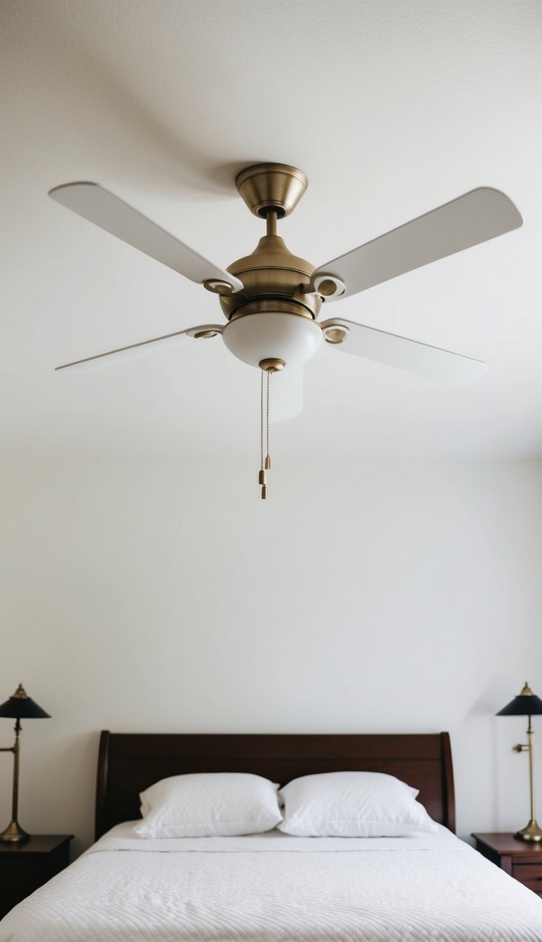 An eggshell white ceiling fan spins above a serene white bedroom