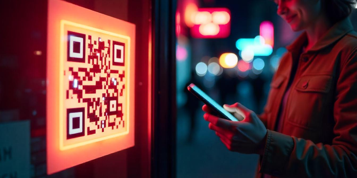 A woman using her phone, near an illuminated QR Code board sign.