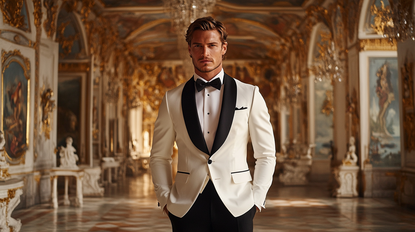 
A groom in a classic white tuxedo with black lapels, standing confidently in an elegant, formal wedding setting. The tuxedo’s sleek design contrasts beautifully with the black lapels, adding a timeless, sophisticated touch. The groom’s polished black shoes and the refined venue with chandeliers and intricate decorations enhance the formal atmosphere. The crisp white of the tuxedo stands out in the setting, making a bold yet classic statement