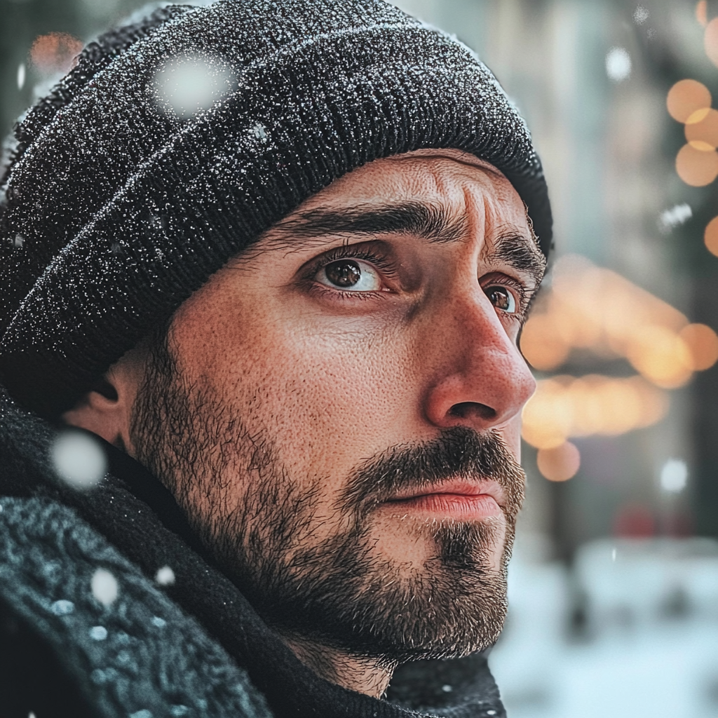 A sad man outside on a snowy day | Source: Midjourney