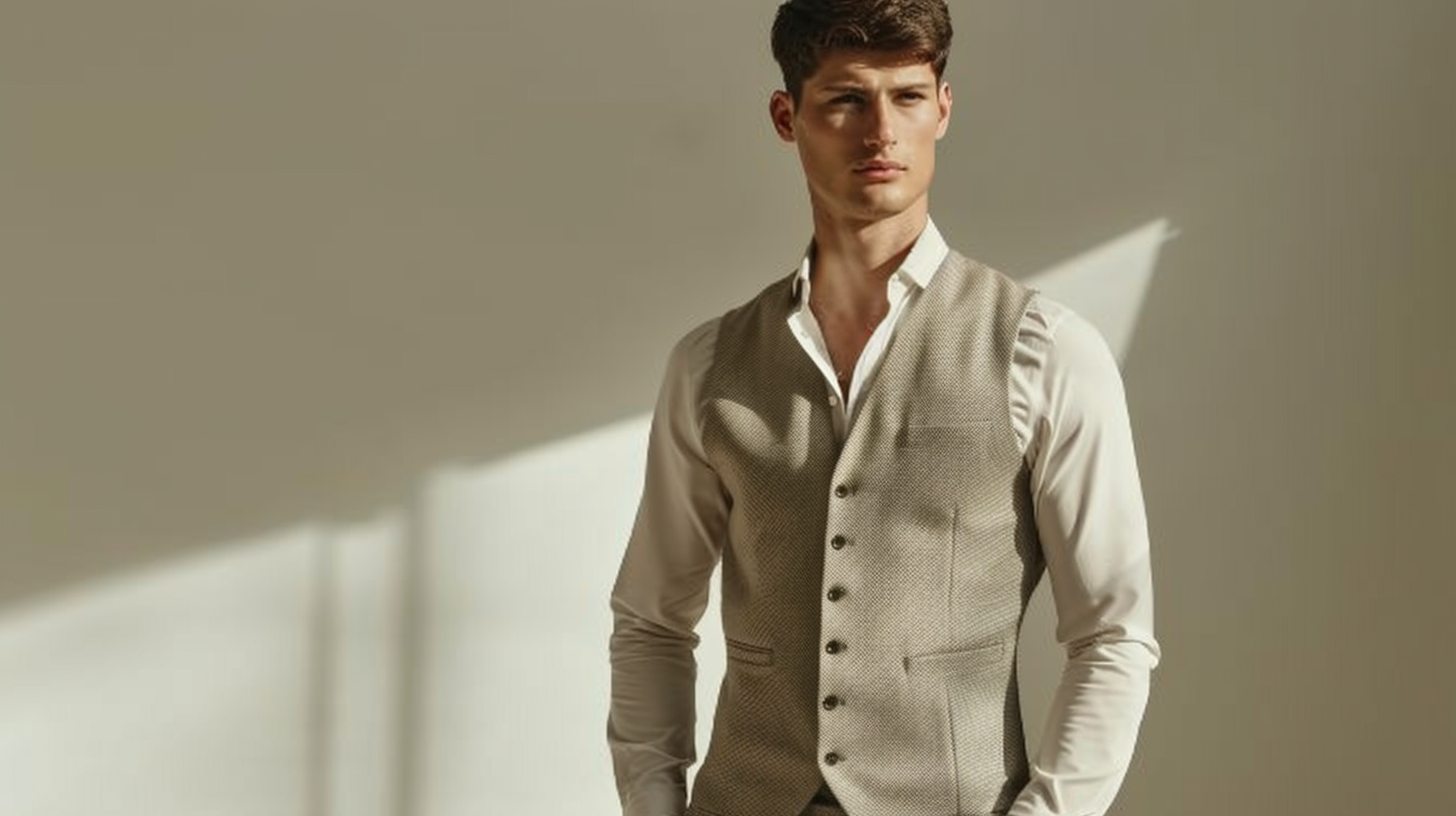 Man in a minimalist collarless vest, clean lines, modern fit, styled with slim trousers and a simple shirt, high-fashion editorial setting, soft background, semi-formal modern vibe