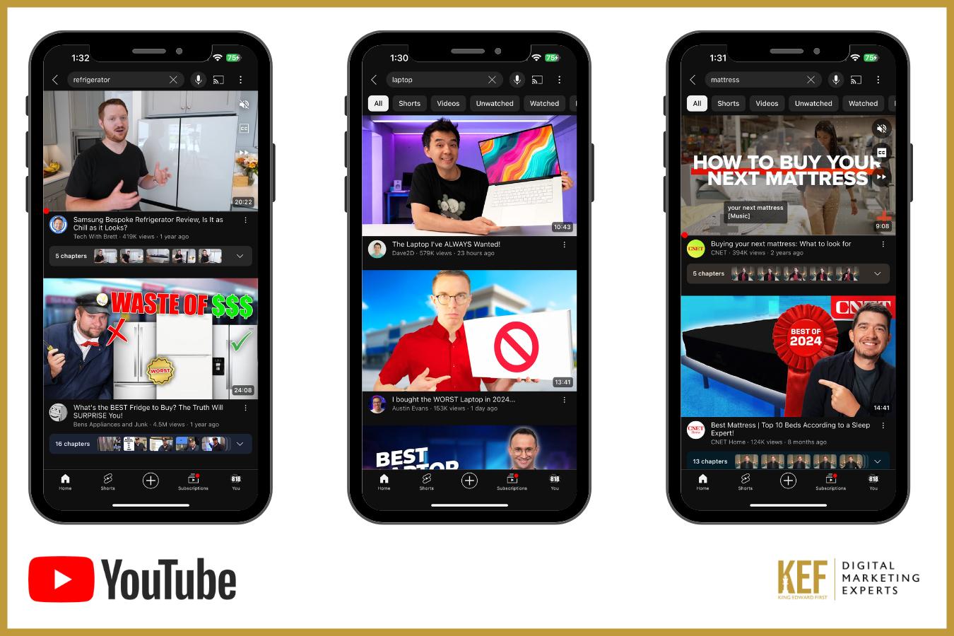 3 screenshots of mobile phone screens showcasing YouTube as an alternative search engine.