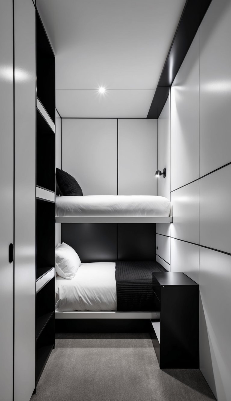 A sleek, monochromatic bunk room with clean lines, geometric shapes, and minimal furnishings. White walls, black accents, and subtle lighting create a contemporary, minimalist vibe