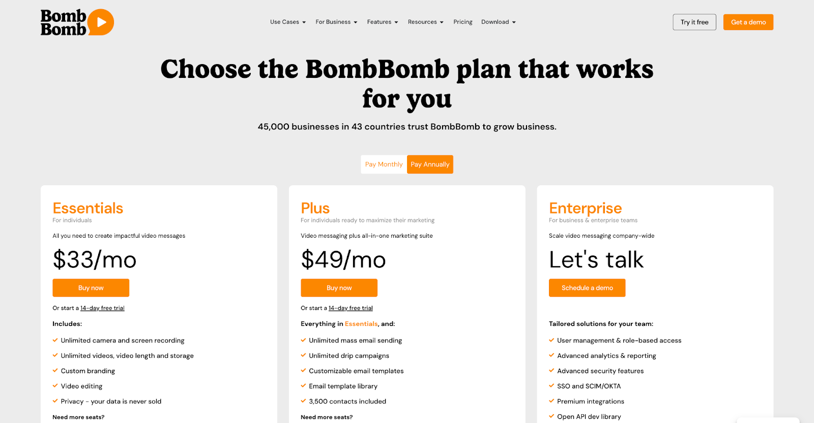 BombBomb-Pricing plans