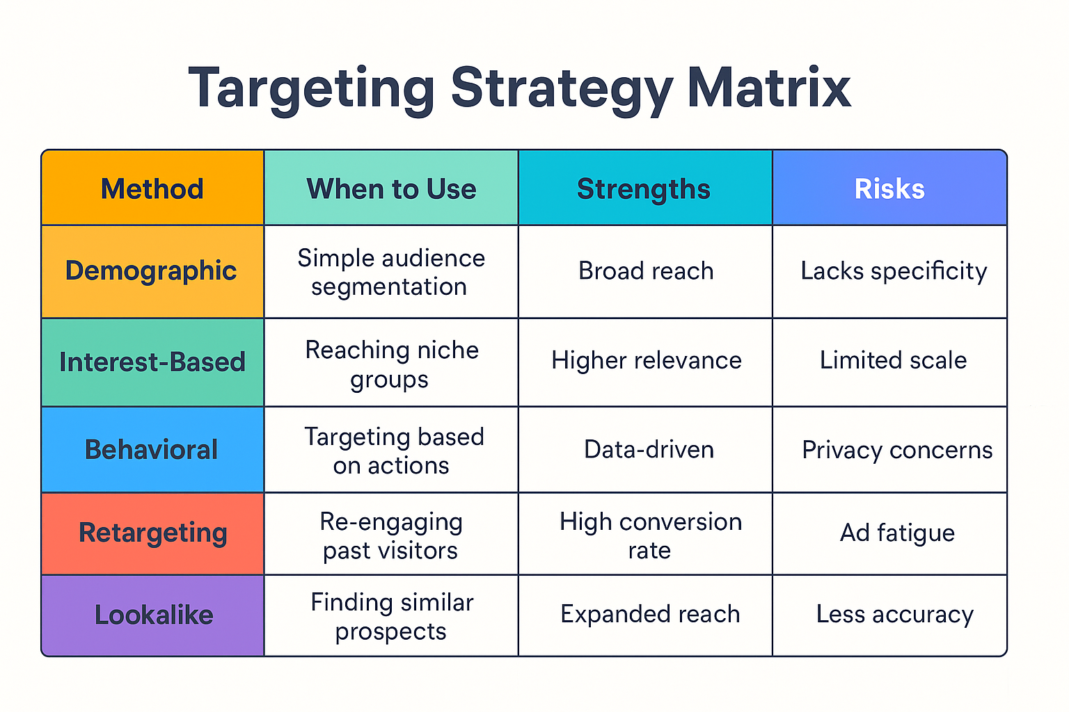 Colorful table titled "Targeting Strategy Matrix" with centered text, comparing five Facebook ad targeting methods by use case, strengths, and risks