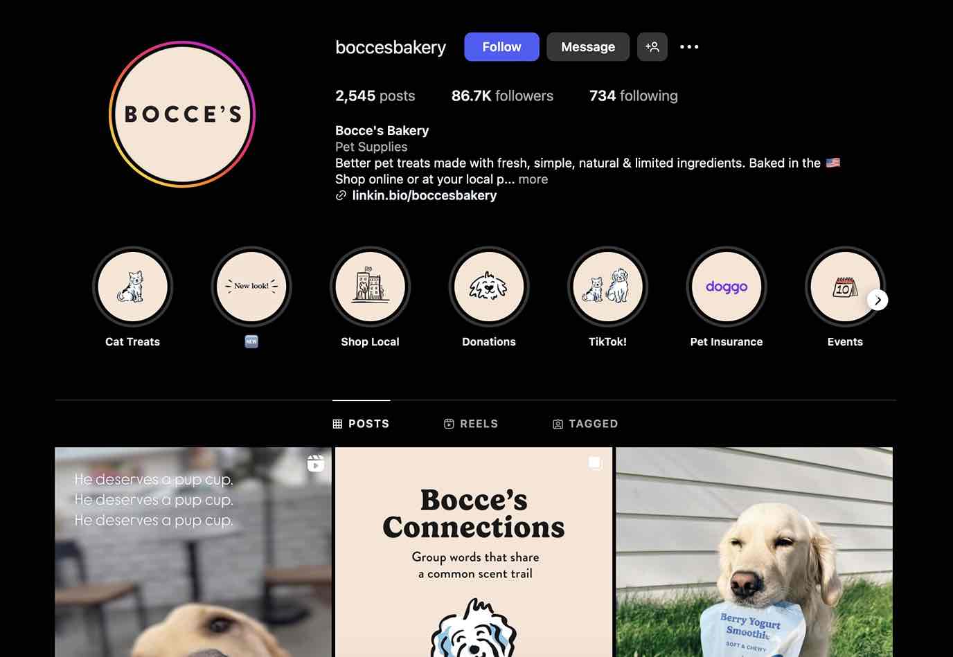 A screenshot of Bocce's Bakery as a pet brand looking influencers 