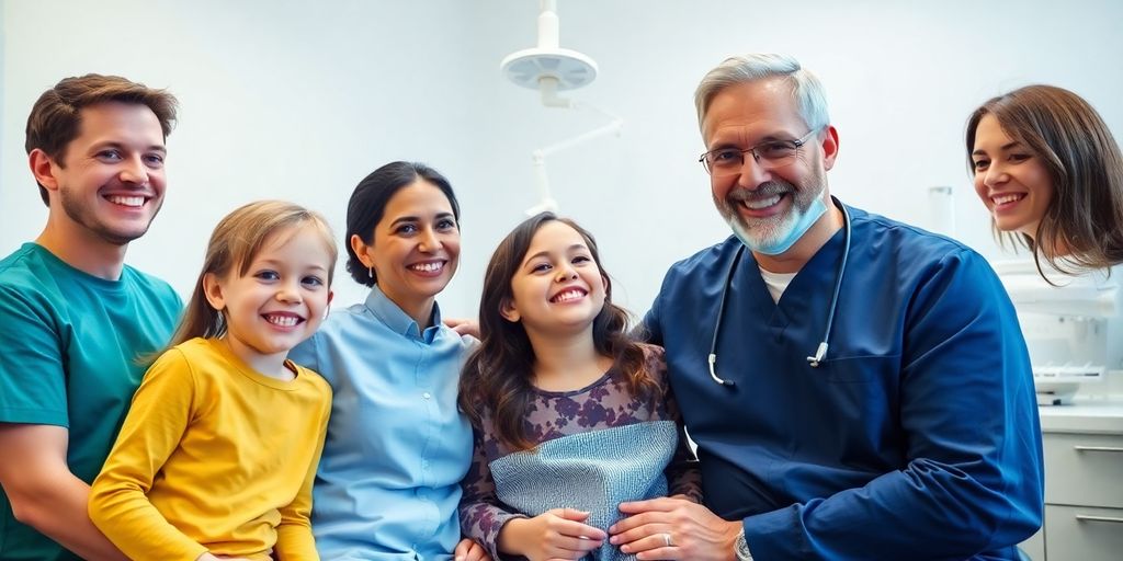 Family with dentist in a welcoming dental clinic setting.