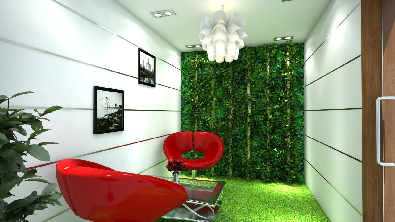 Office waiting hall designed with artificial grass and Artificial plants