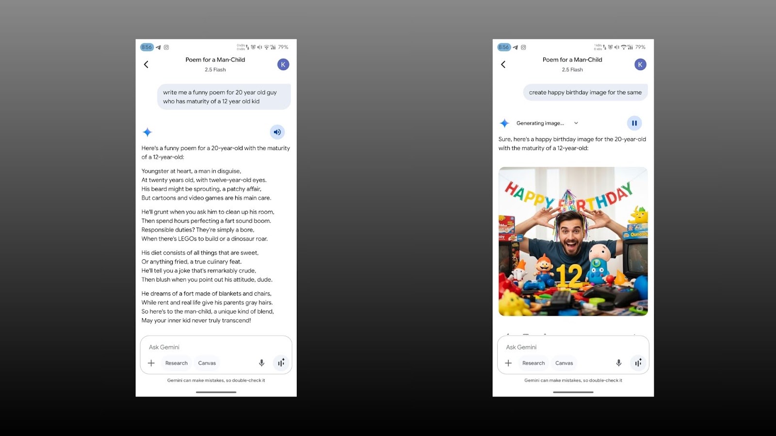 Gemini AI generating birthday poem and greeting image.