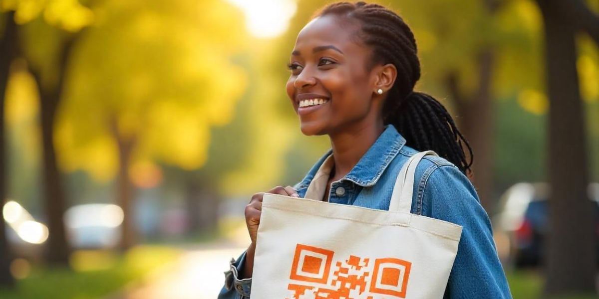 A woman with a tote bag, with QR Code printed on it.