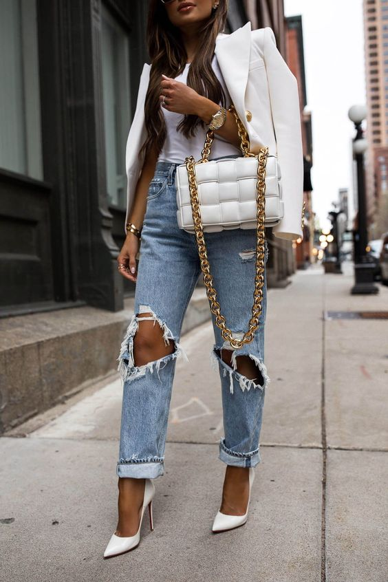 Denim Never Fails to Match White Heels