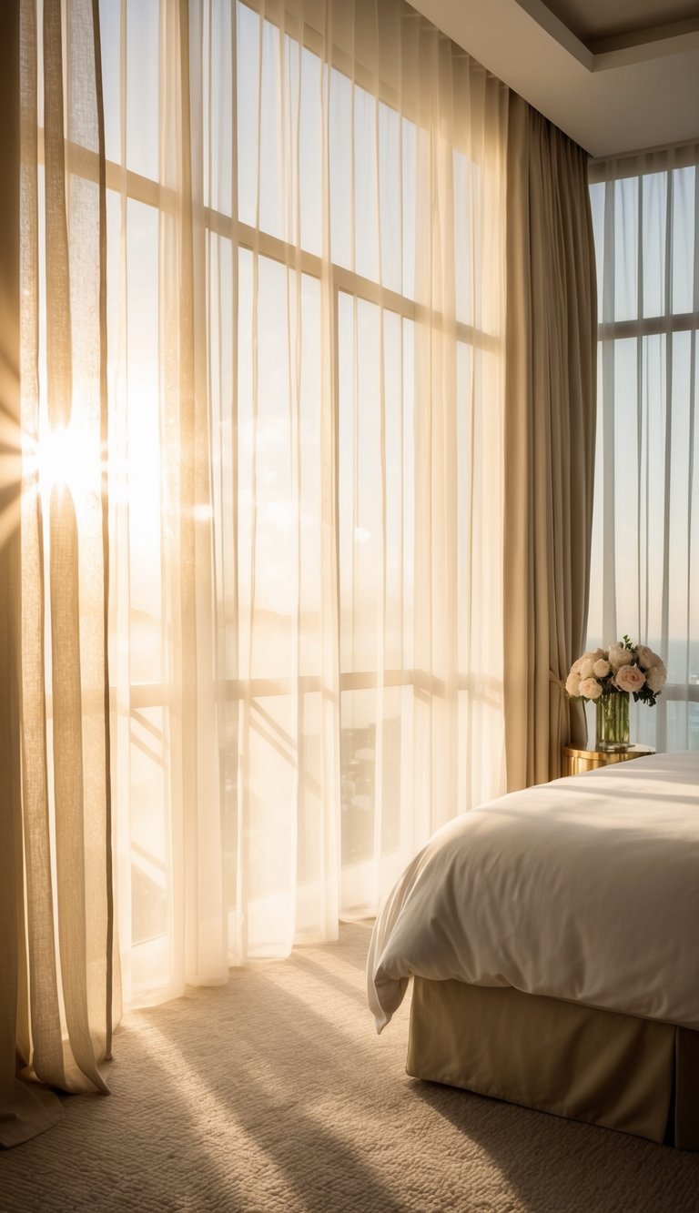 Sunlight filters through sheer curtains onto a luxurious bedroom with soft, romantic decor