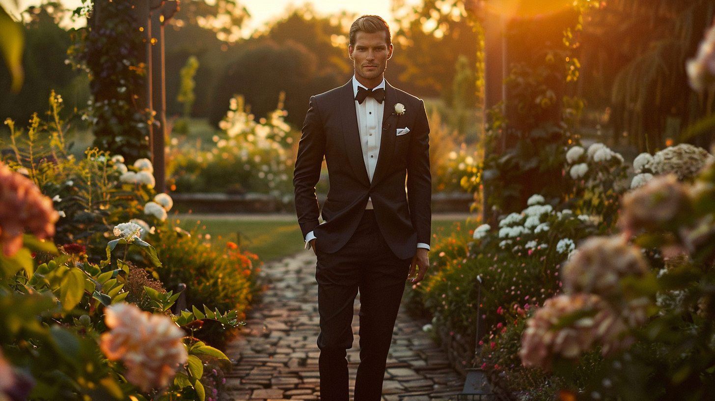 A man at a summer black-tie wedding wearing a lightweight black tuxedo made from tropical wool, with a white dress shirt, black bow tie, and black patent leather shoes, no vest, optional white silk pocket square, elegant and formal in a warm outdoor evening setting, soft sunset lighting, garden or coastal venue