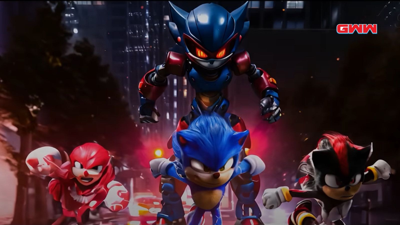 Sonic, Knuckles, and Shadow in a dynamic running pose.