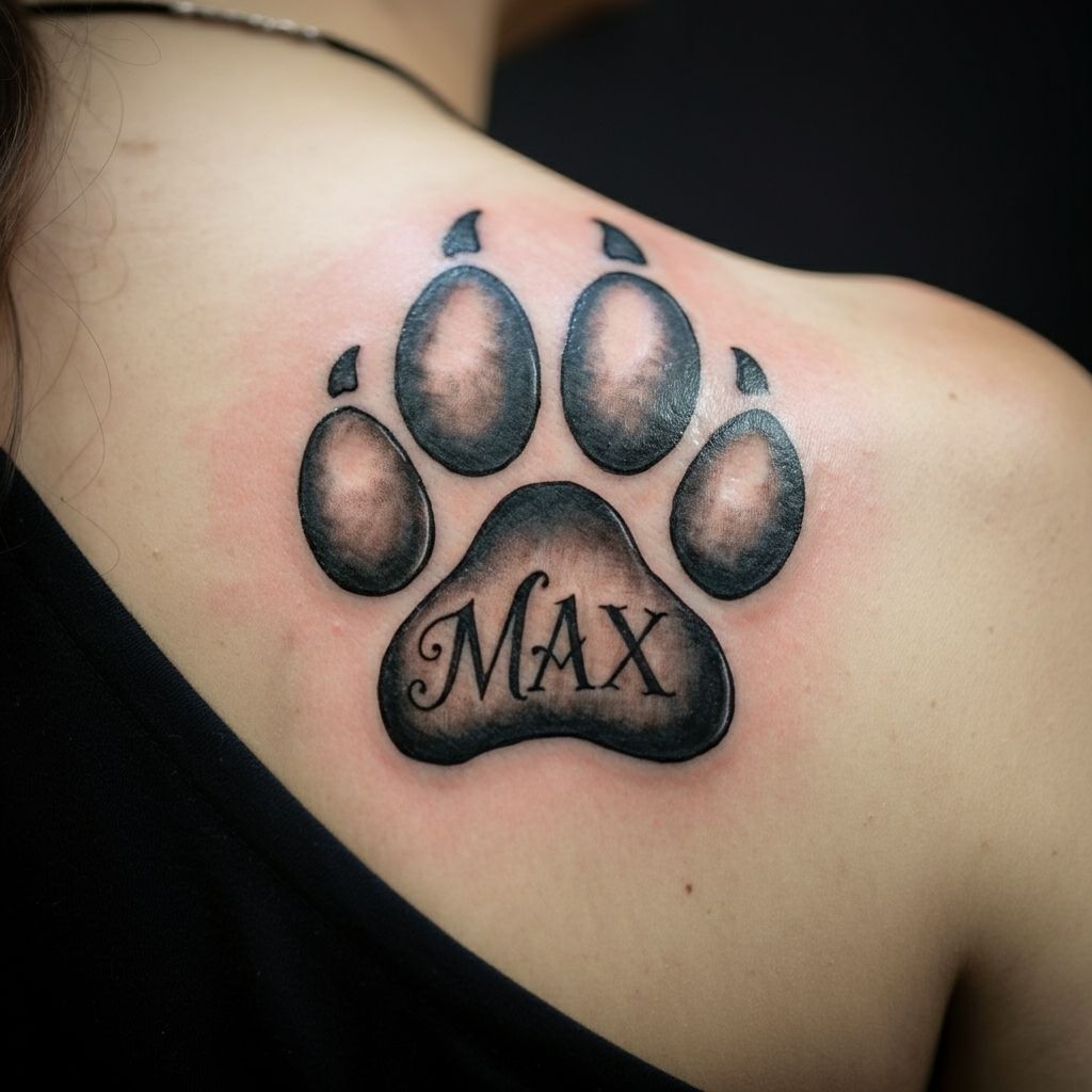 Labrador Paw Print with Name tattoo