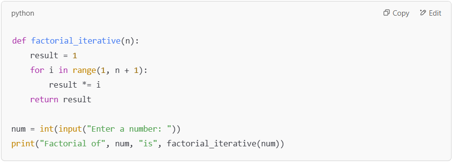 Factorial calculation using a loop in Python.