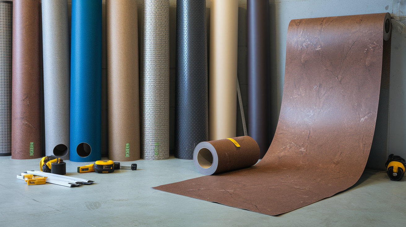 Create a realistic image of a warehouse or flooring showroom with several rolls of rubber flooring in different colors and textures, standing upright against a wall with one roll partially unrolled to display the material, bright overhead lighting highlighting the durability and surface patterns of the rubber, with measuring tools and installation supplies nearby on a clean concrete floor.