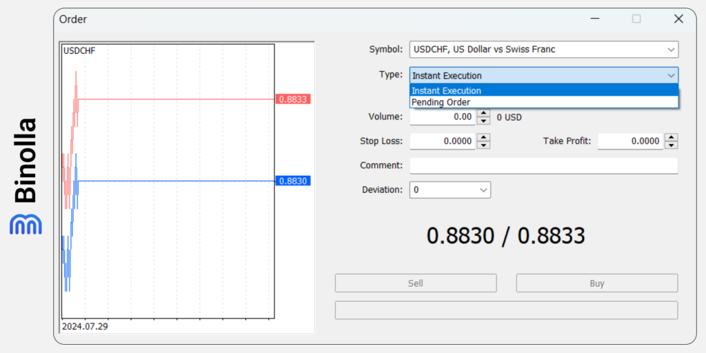 Selecting the order type on the MetaTrader 5 platform